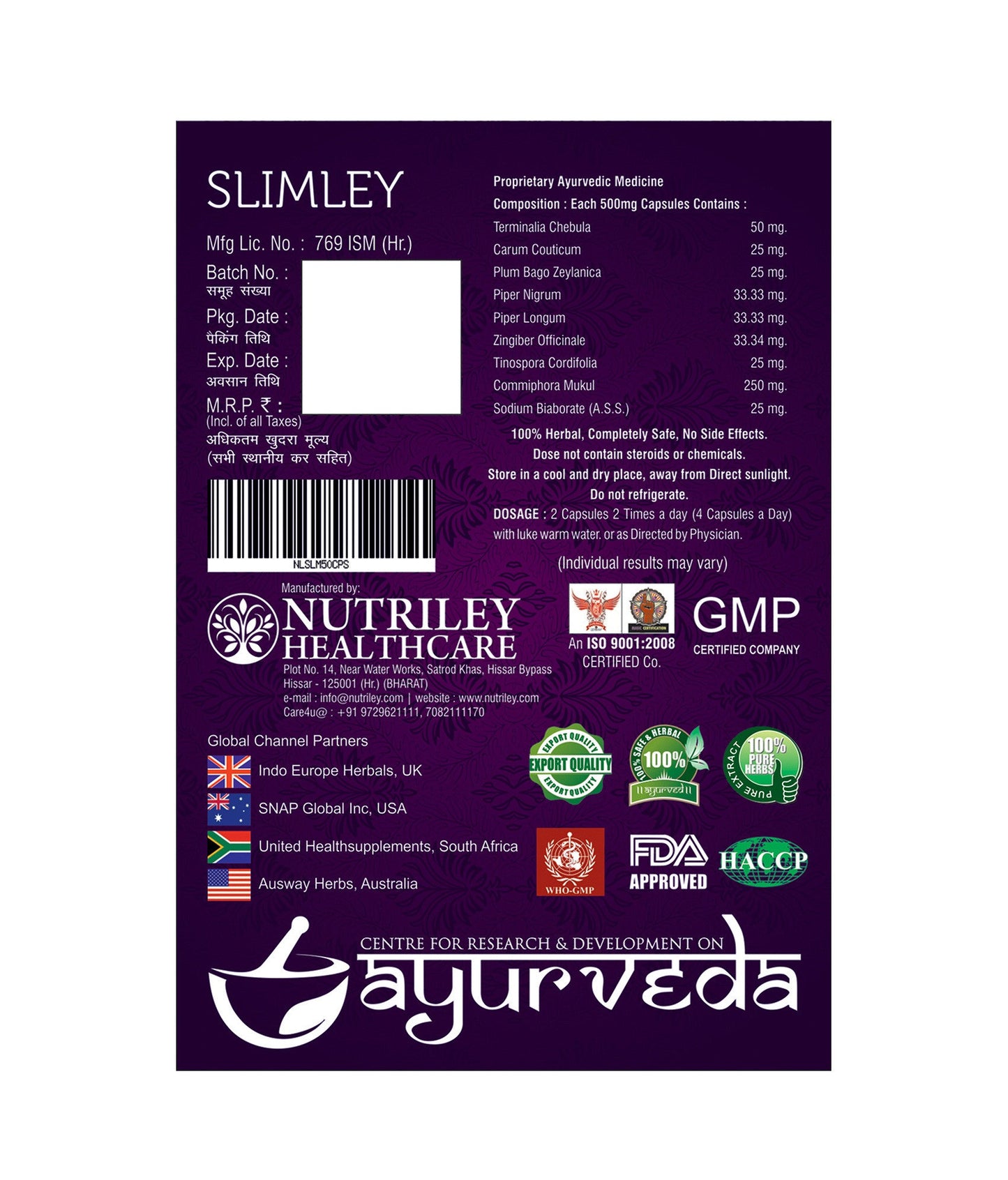 CRD Ayurveda Slimley - Fat Burner/Slimming Capsules (50 Capsules)